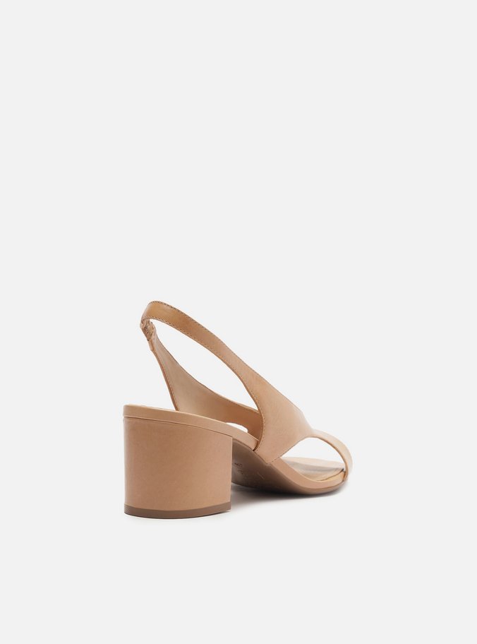 Sandália Nude Couro Bloco Tira Larga Slingback