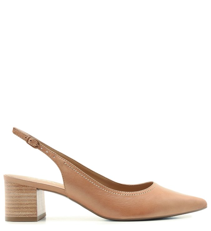 Scarpin Couro Marrom Salto Bloco Baixo Slingback Pesponto