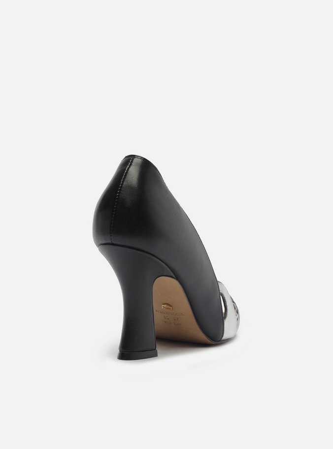 Peep Toe Preto Couro Salto Médio Recortes
