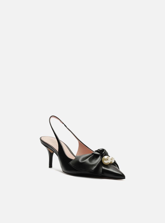 Scarpin Preto Couro Slingback Laço Pérolas