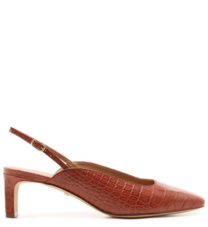 Scarpin Marrom Croco Salto Médio Bico Quadrado Slingback