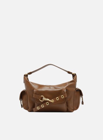 Bolsa Hobo Marrom Couro Média Tira Ilhós