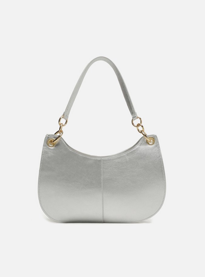 Bolsa Hobo Prata Couro Média Costuras Metais