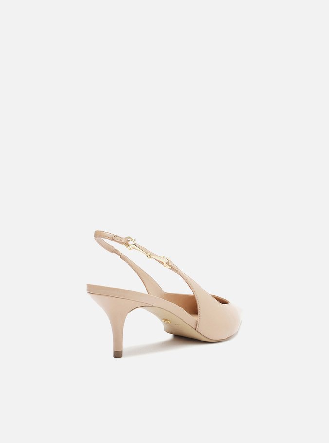 Scarpin Bege Couro Slingback Detalhe Metal