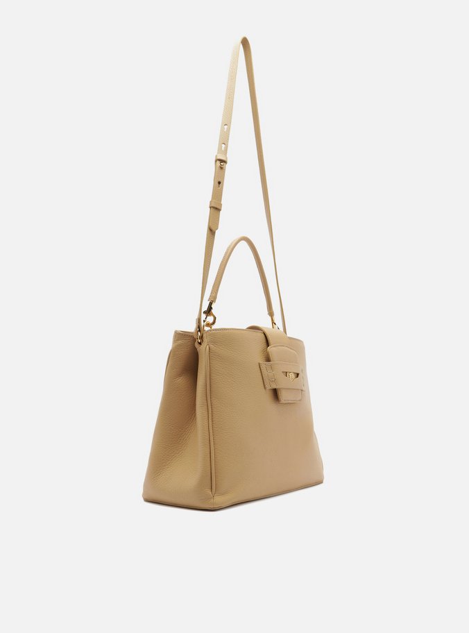 Bolsa Tote Bege Couro Grande Detalhe Moeda
