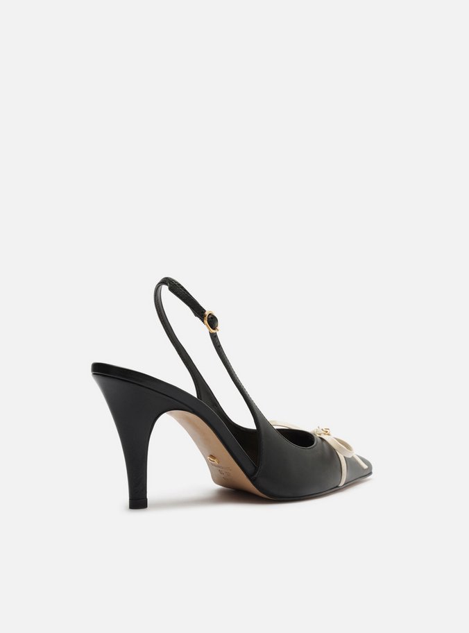 Scarpin Preto Couro Salto Médio Slingback Laço