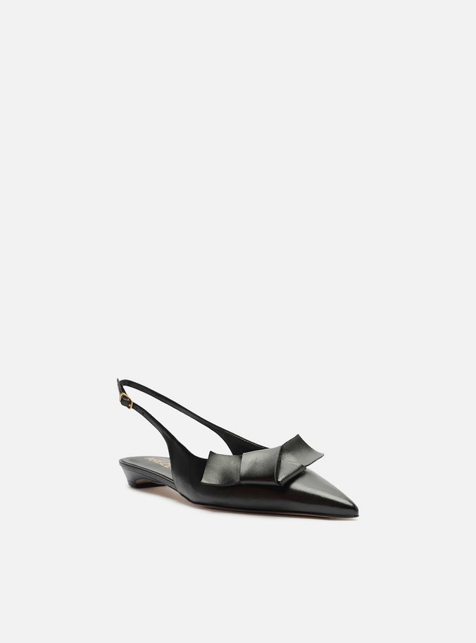 Sapatilha Preta Couro Bico Fino Slingback Laço