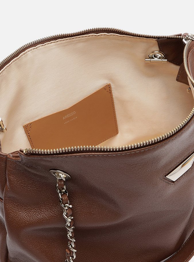 Bolsa Shopping Marrom Escura Couro Grande Metal