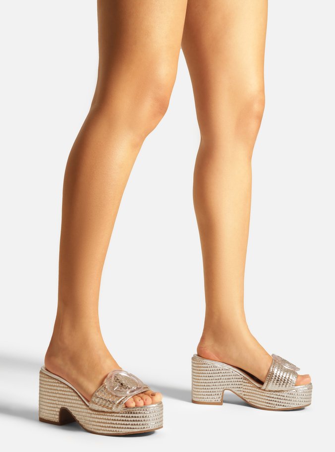Tamanco Dourado Textura Plataforma Tira Fivela