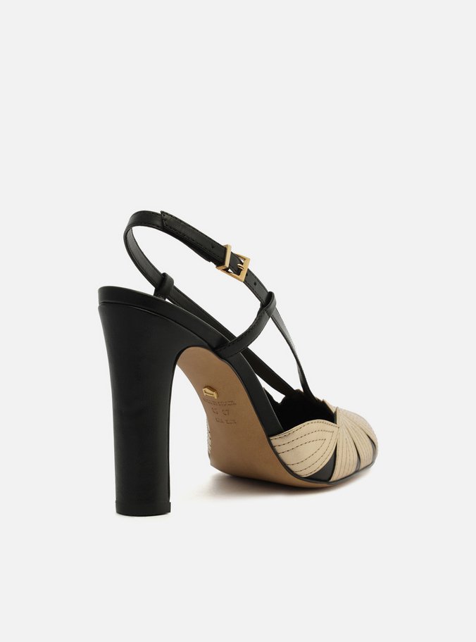 Scarpin Preto Couro Salto Médio Folhas Douradas