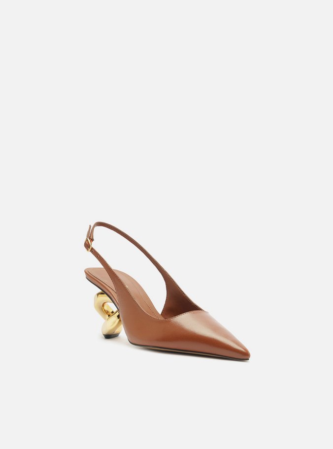 Scarpin Caramelo Couro Salto Geométrico Slingback