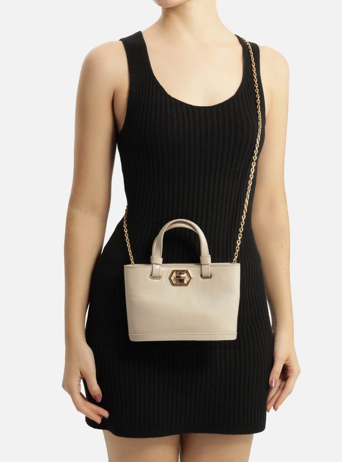 Bolsa Tote Branca Couro Pequena Encaixe Metal