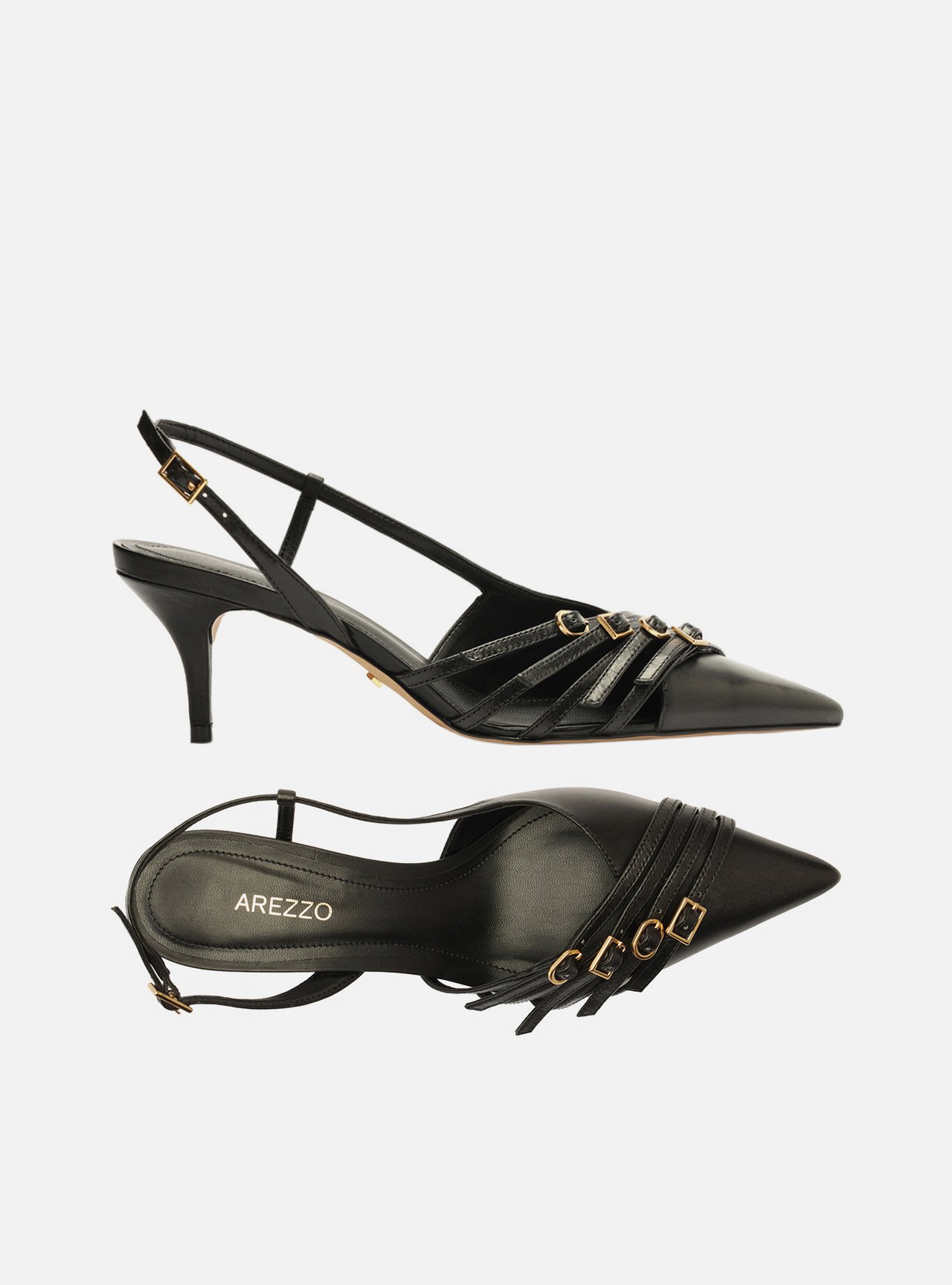 Scarpin Preto Couro Salto Kitten Tiras Fivelas — foto 5