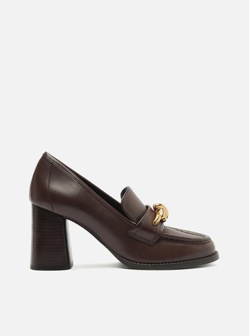 Loafer Marrom Couro Salto Bloco Metal Nó