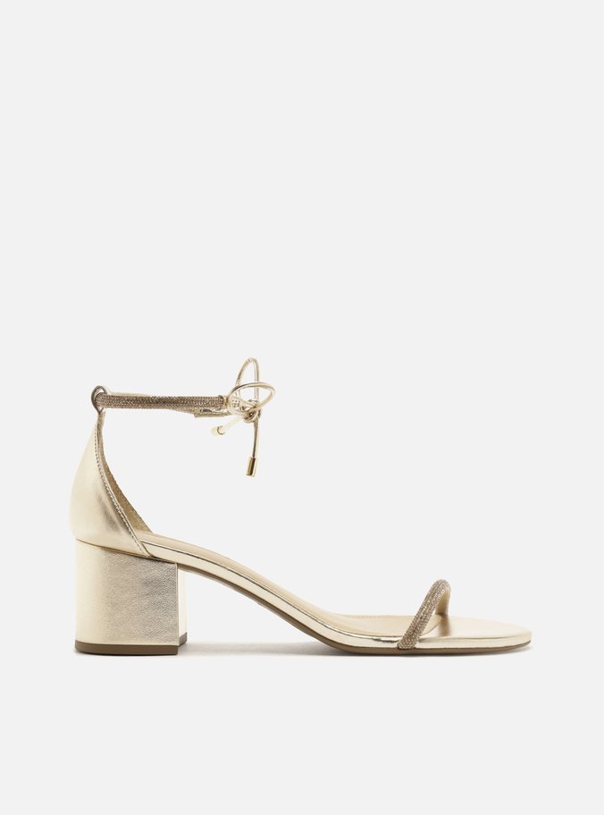 Sandália Dourada Salto Médio Strass Amarração