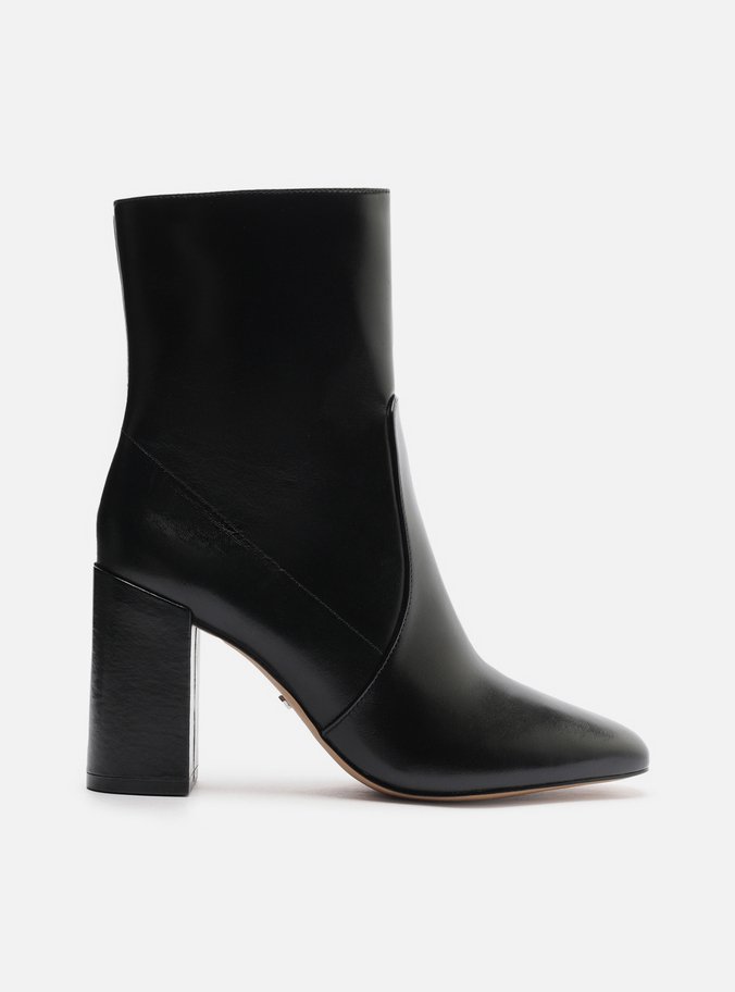 Bota Preta Couro Salto Alto Bloco Cano Médio