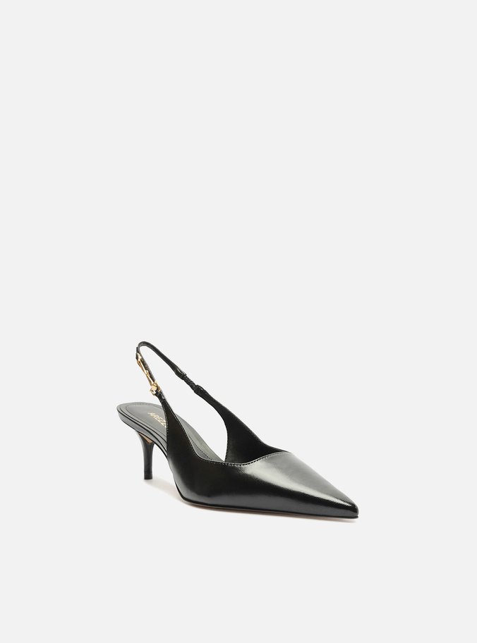 Scarpin Preto Couro Slingback Detalhe Metal