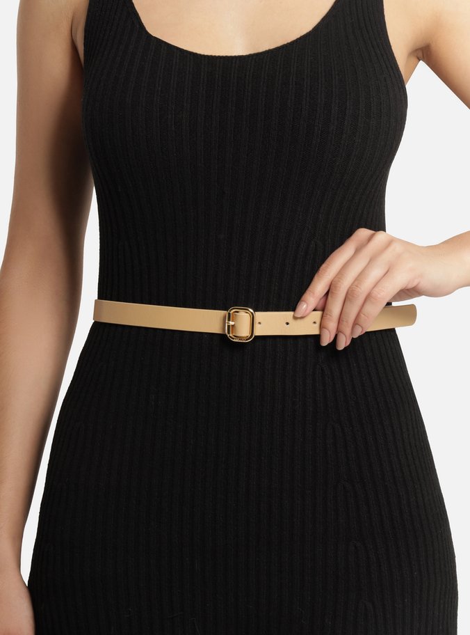 Cinto Bege Couro Fino Fivela Arredondada