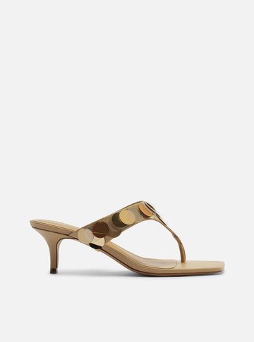 Sandália Bege Salto Médio Tira Thong Paetês