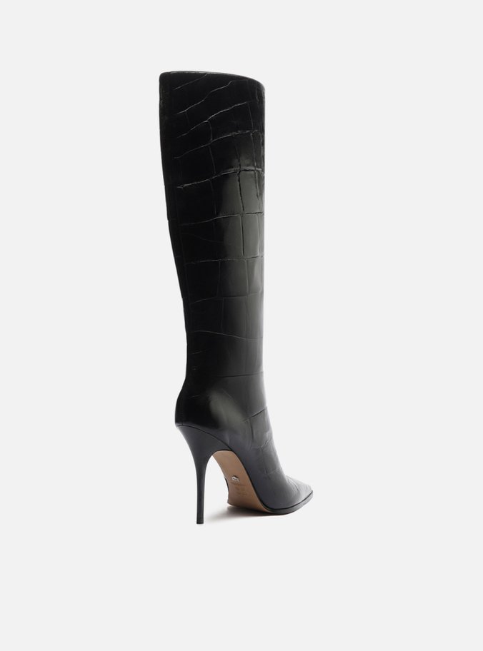 Bota Preta Croco Salto Alto Cano Médio Bico Fino