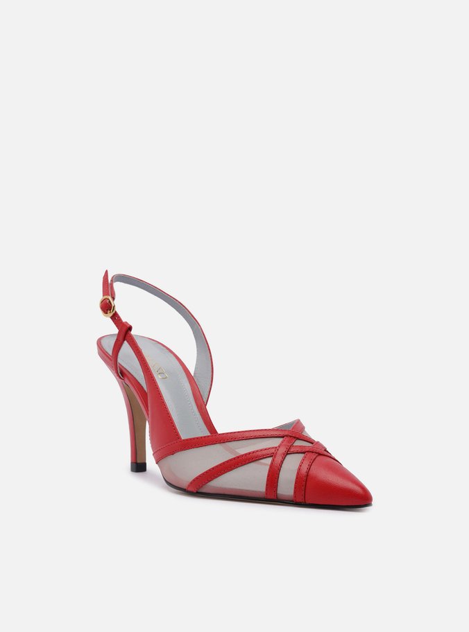 Scarpin Vermelho Couro Tela Salto Médio Fivela