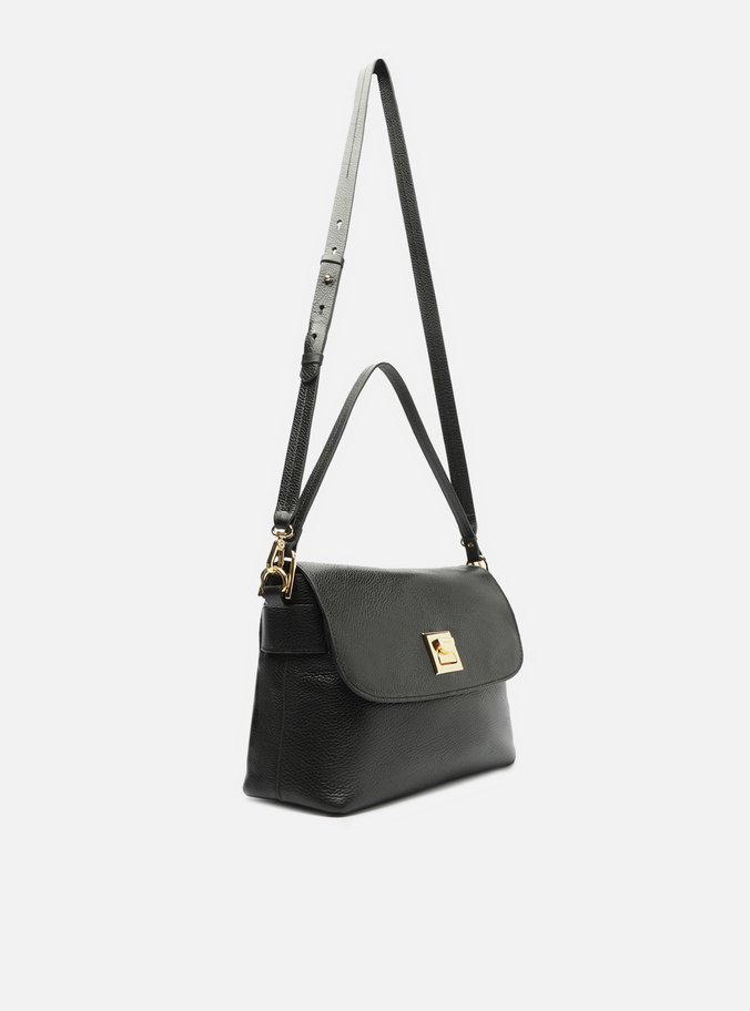 Bolsa Satchel Preta Couro Média Metal