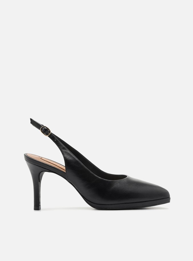 Scarpin Preto Couro Salto Alto Slingback
