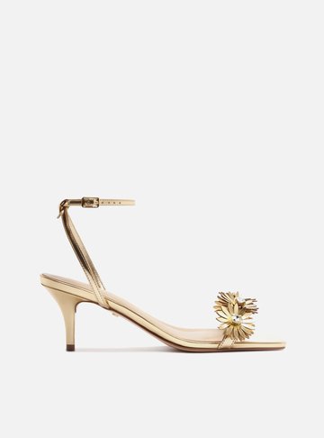 Sandália Dourada Salto Baixo Flores