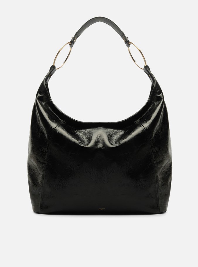 Bolsa Hobo Preta Couro Grande Argolas Alça