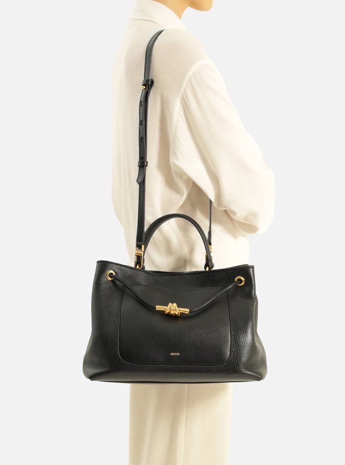 Bolsa Tote Preta Couro Média Nó Metal