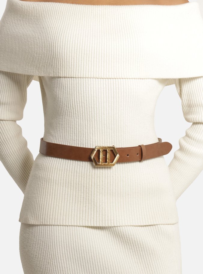 Cinto Caramelo Couro Médio Fivela Sextavada Dourada