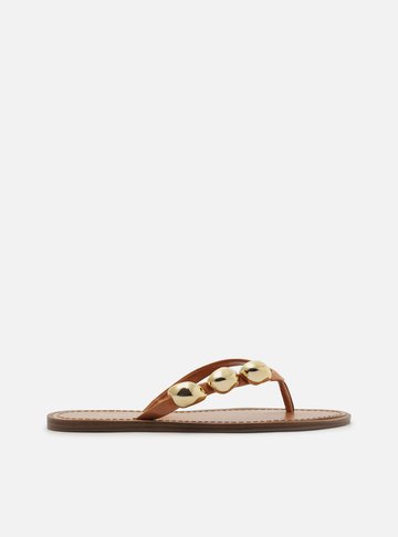 Rasteira Marrom Couro Flip Flop Metais