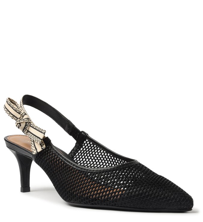 Scarpin Preto Tela Salto Fino Slingback