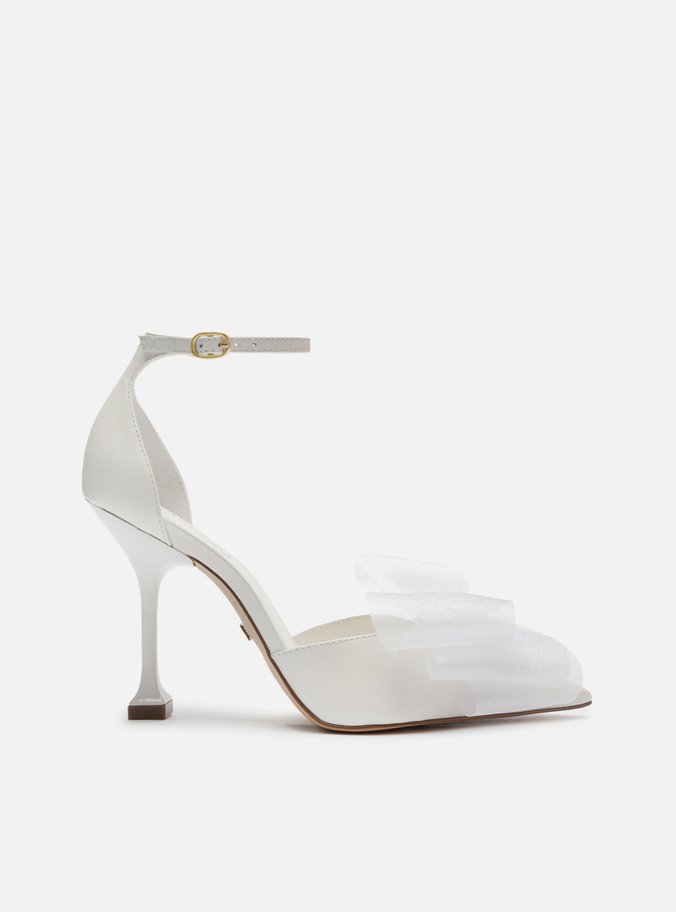 Scarpin Branco Couro Salto Fino Taça Laço
