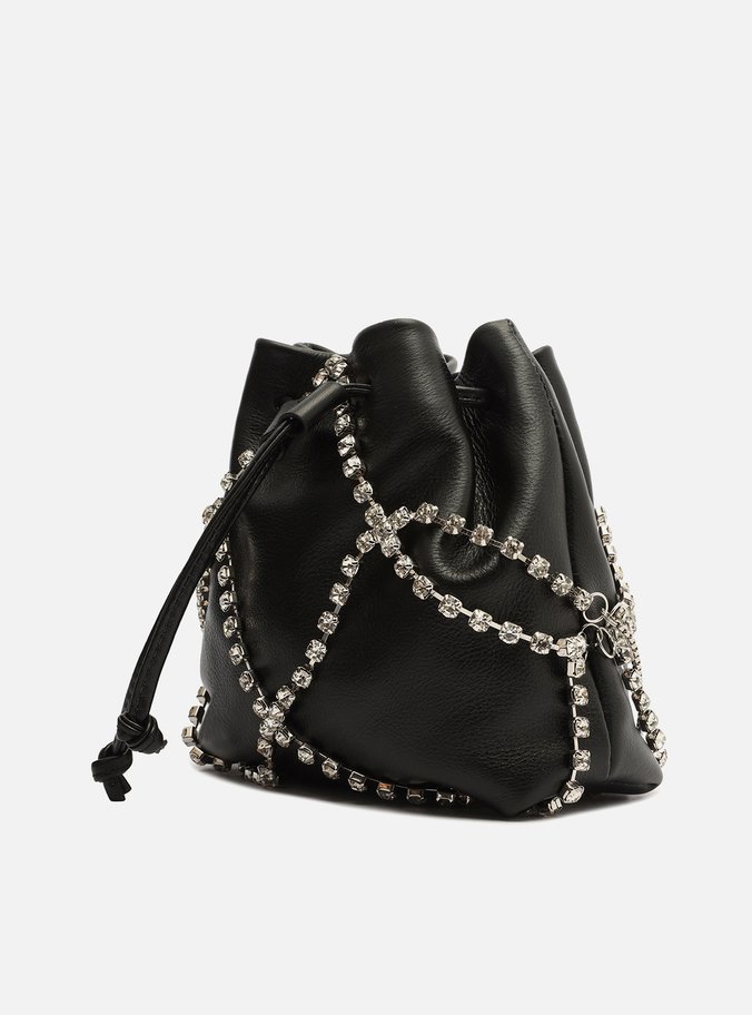 Bolsa Bucket Preta Couro Pequena Pedrarias