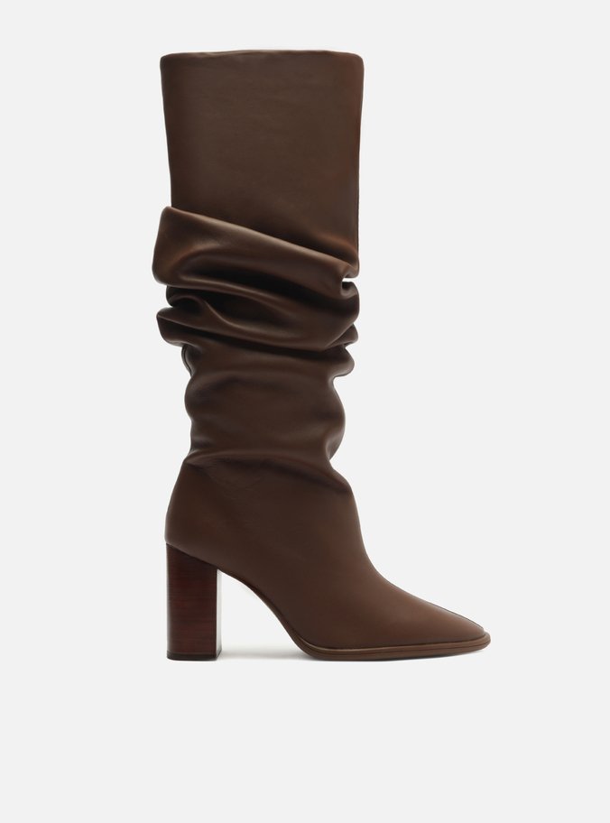 Bota Marrom Couro Cano Alto Salto Alto