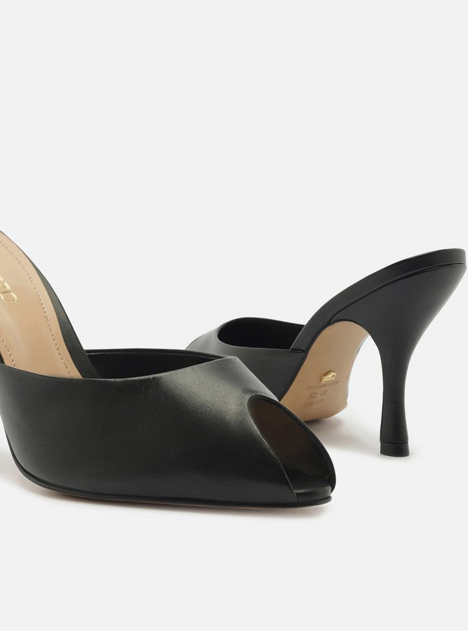 Mule Peep Toe Preta Couro Salto Alto