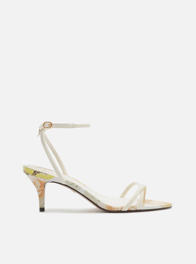 Sandália Multicolorida Estampa Floral Couro Salto Fino Médio Tiras