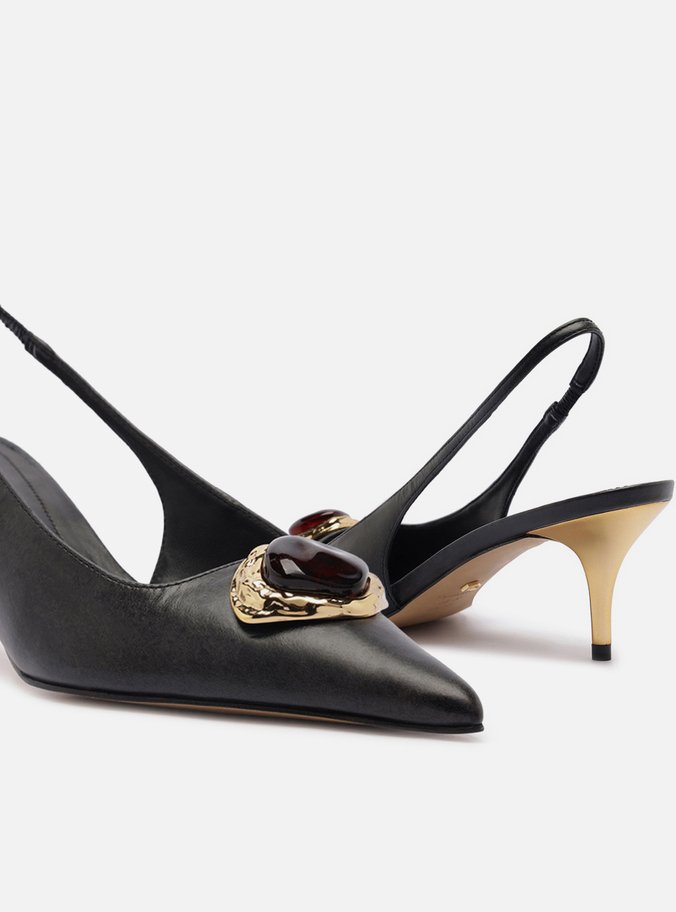 Scarpin Preto Couro Salto Baixo Slingback Pedraria