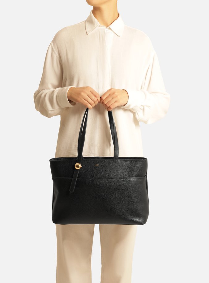 Bolsa Shopping Preta Couro Grande Metal Bold