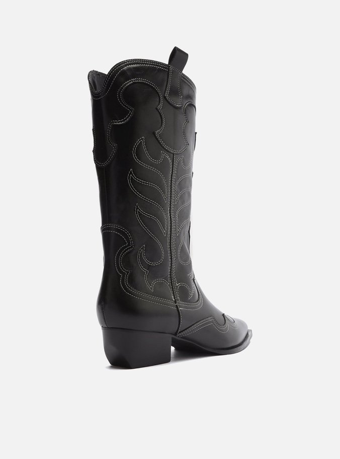 Bota Preta Couro Cano Médio Western Folk