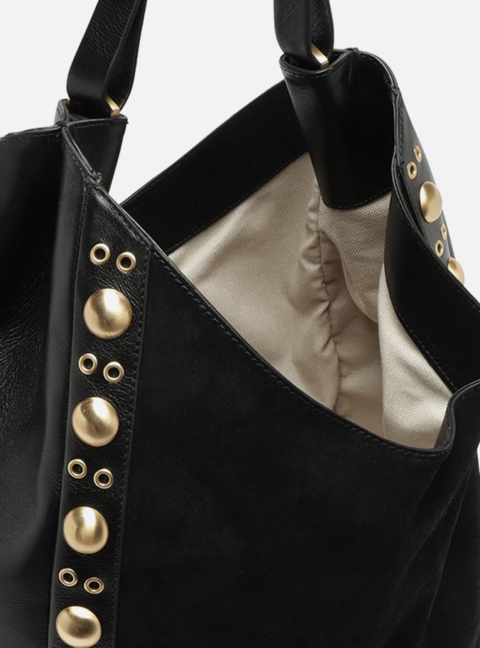Bolsa Hobo Preta Couro Camurça Grande Metais