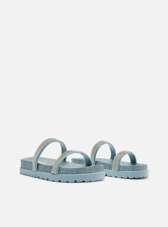 Sandália Rasteira Azul Jeans Tratorada Strass Brizza