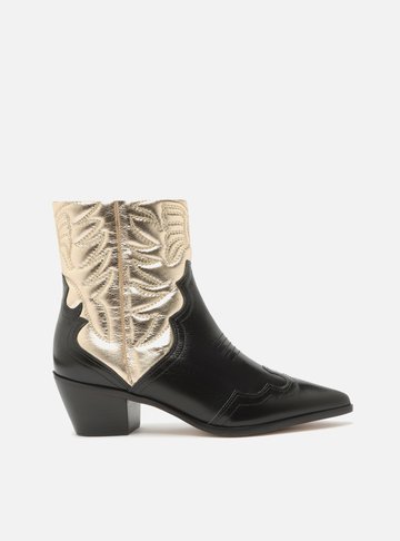 Bota Preta Couro Cano Curto Western Dourada