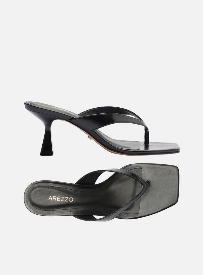 Tamanco Preto Couro Salto Fino Flip Flop