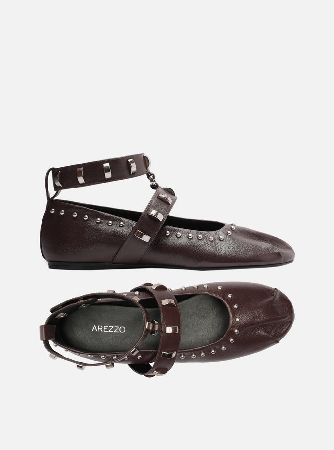 Sapatilha Boneca Marrom Couro Metais Tira Ankle