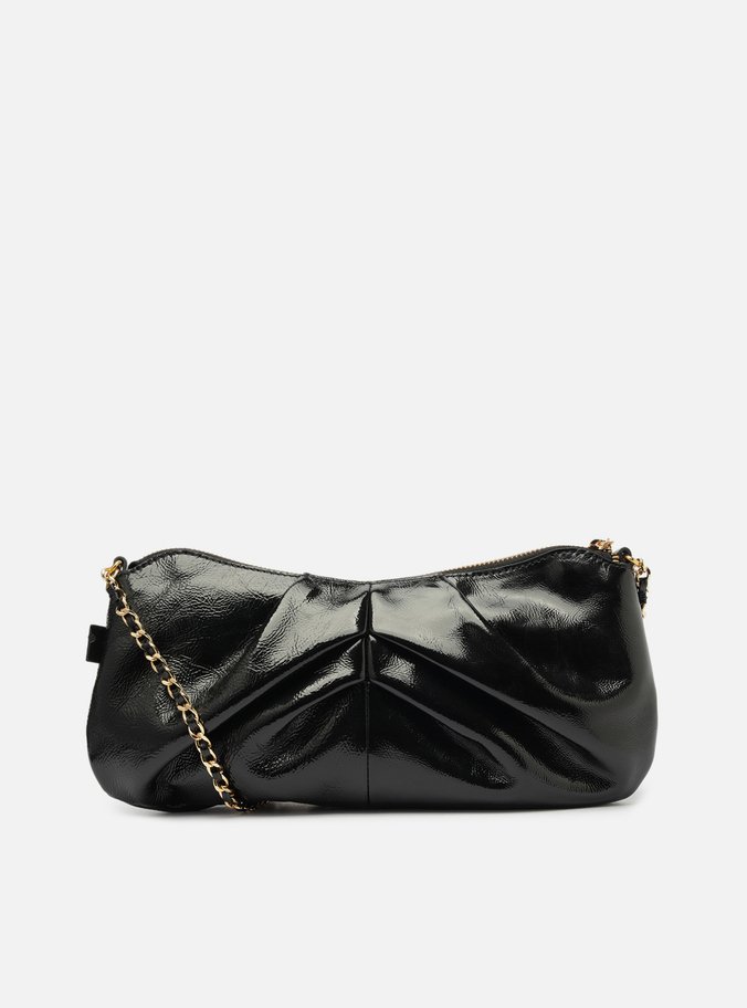 Bolsa Shoulder Preta Couro Grande Franzida