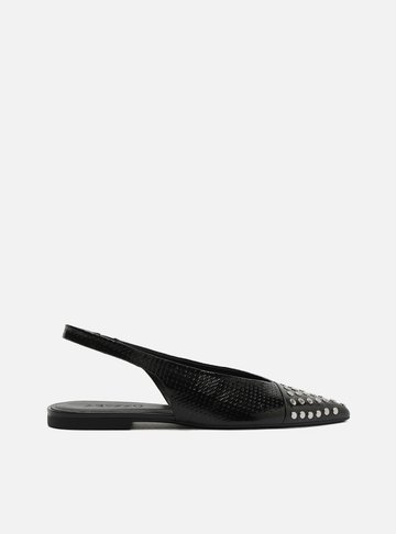 Arezzo — Sapatilha Preta Couro Bico Fino Metais Slingback