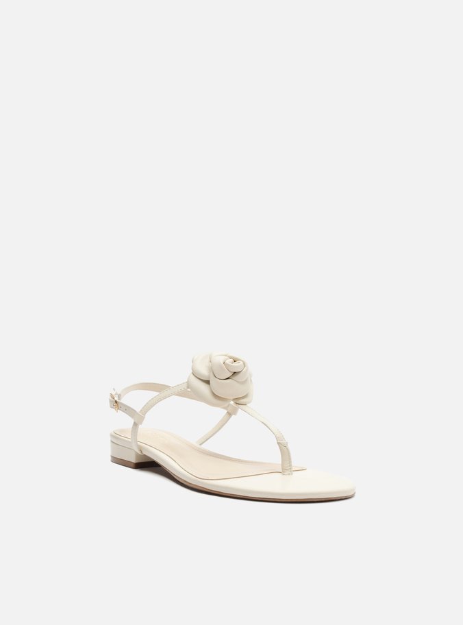 Sandália Branca Couro Salto Baixo Slim Flor
