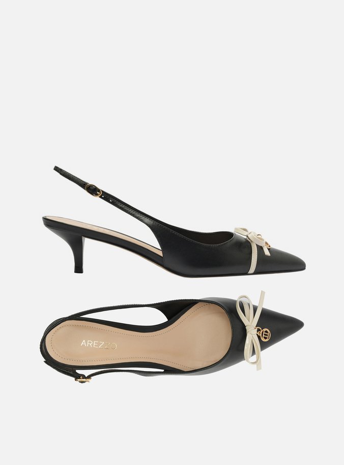 Scarpin Preto Couro Salto Baixo Slingback Laço